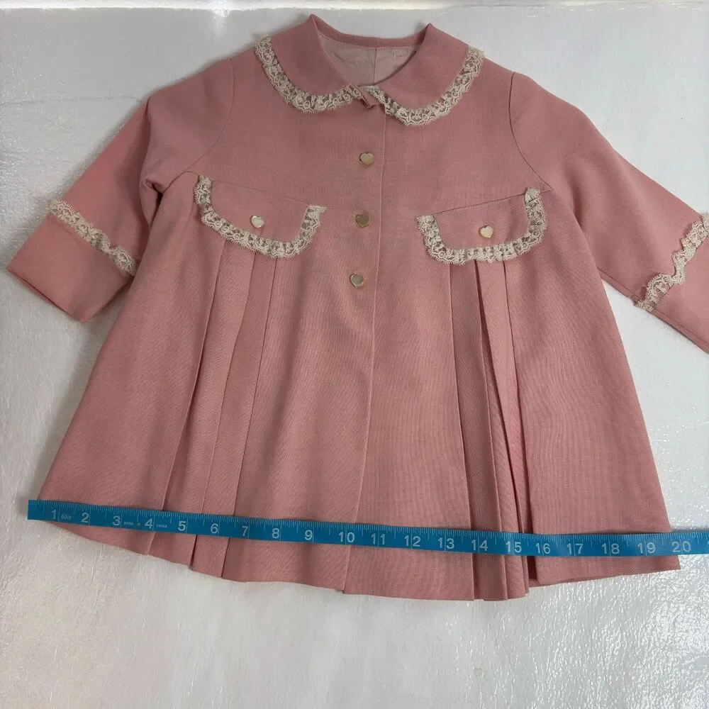 Girls Vintage Handmade Pink Jacket with Lace Trim and Lining 6-12 Months